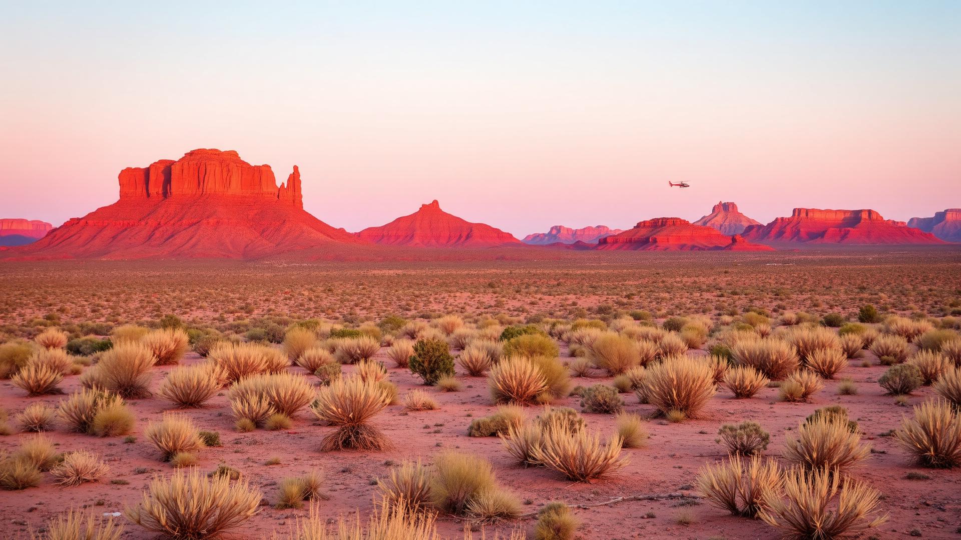 Arizona desert with red mesa formations at first light