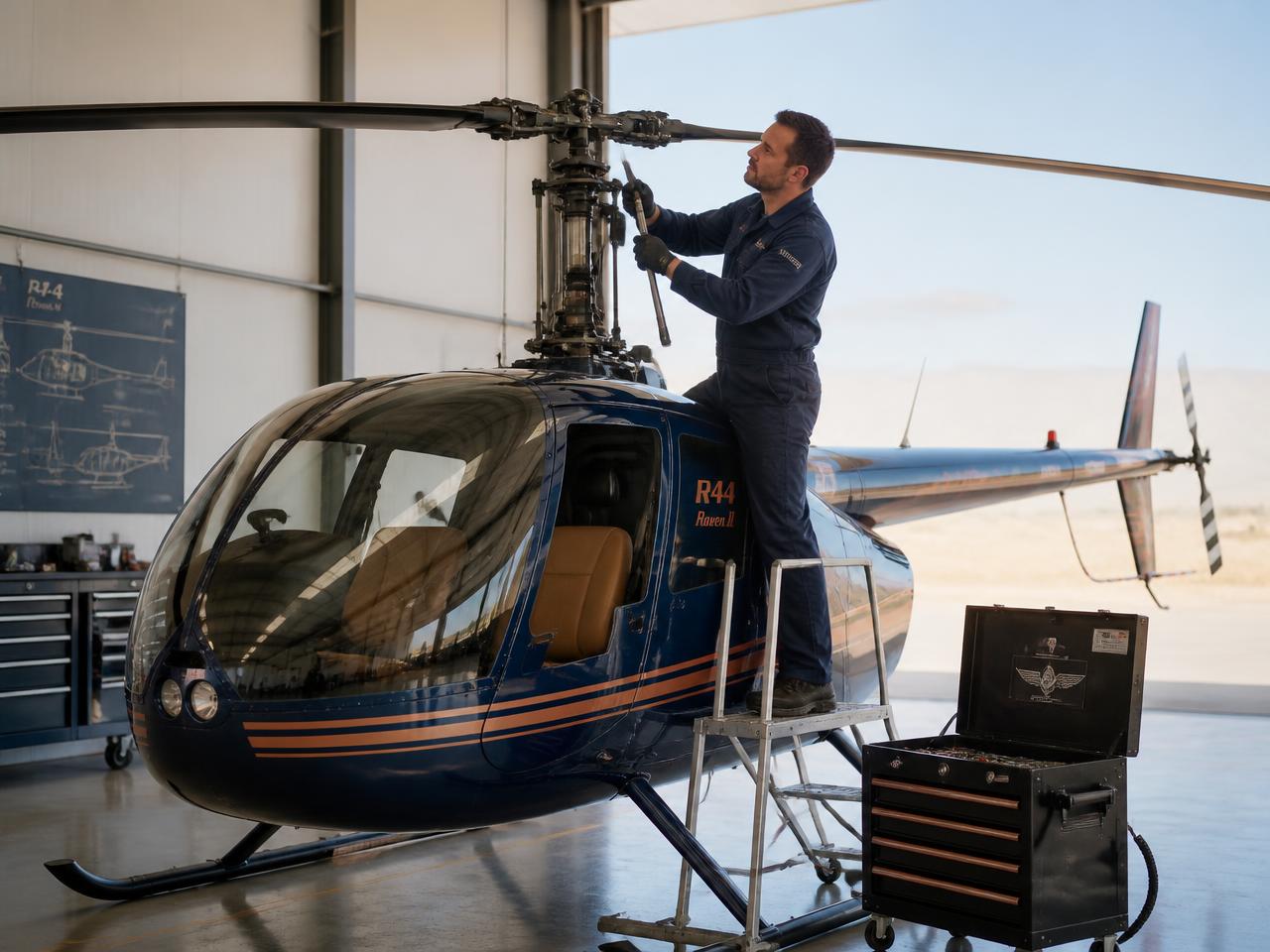 A maintenance engineer inspecting a helicopter rotor head inside a hangar