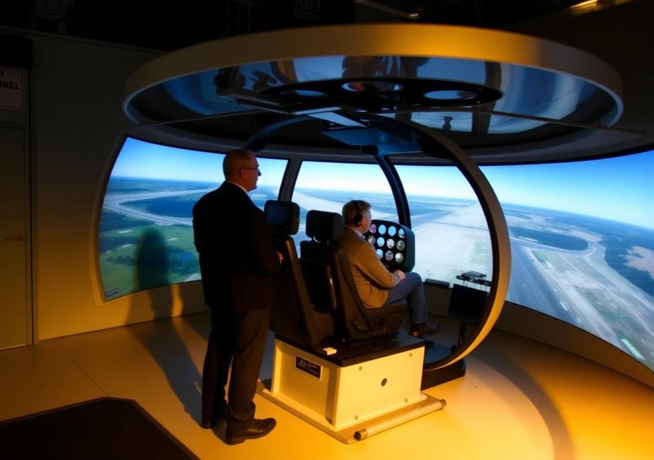 An instructor supervising a student in a helicopter flight training device
